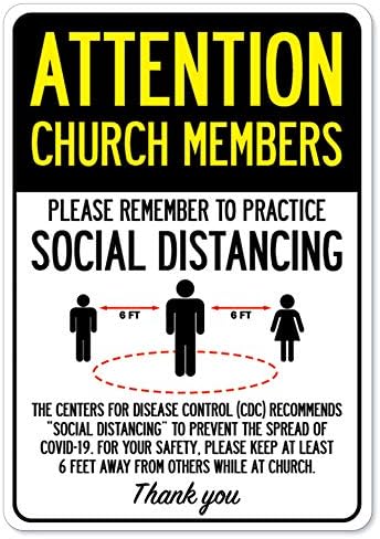 COVID -19 знак за известување - Внимание на членовите на црквата практикуваат социјално растојание | Кора и лепец wallид графички | Заштитете