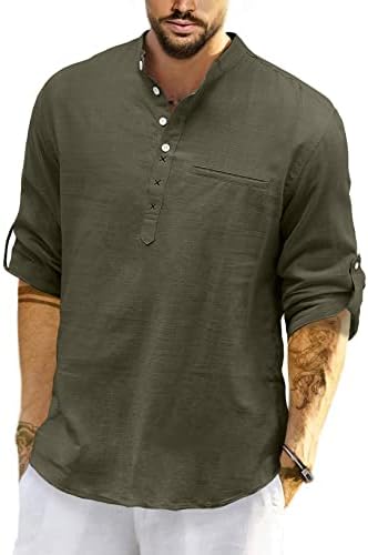 Mирмир за машки памучни постелнина Хенли кошула обична хипи со долги ракави маици со џеб со џеб