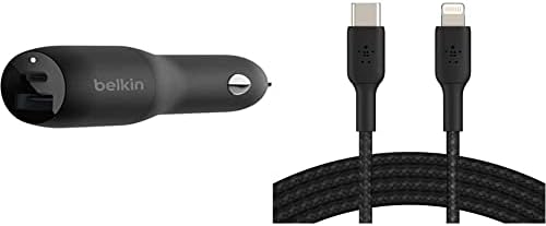 Belkin 37W Dual Port Fast Carger Carger, USB Type C 25W PPS PORT и USB A 12W Port & Bripted USB C до молња кабел MFI Сертифициран iPhone Брз полнач Тип Ц компатибилен со iPhone 3.3FT/1M