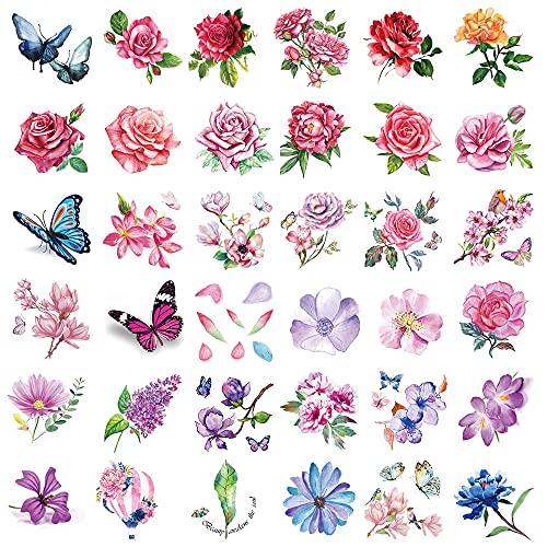 40 Листови Цвеќиња Привремени Тетоважи Мали Налепници 3д Божур Од Роза Лист Од Лаванда Колекција На Цвеќиња Од Пеперутки Водоотпорни Лажни Тетоважи