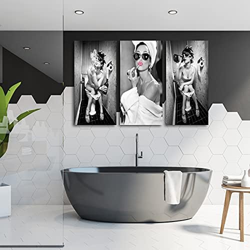 3 парчиња црно -бела бања wallидна уметност, девојки бања декор wallидна уметност, декор за бања врамена платно wallидна уметност,