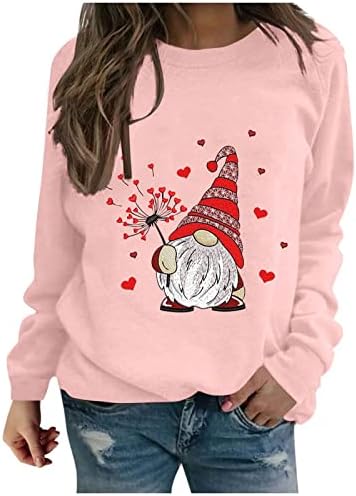 Симпатични четири gnomes сакаат срцеви графички врвови на женските валентински ден, кошули за пулвер, екипаж, џемпери со долги ракави, џемпери
