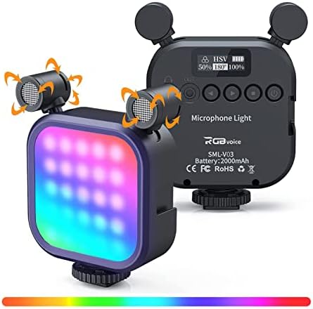 RGB Гласовен професионален безжичен лавалиер микрофон за iPhone, Android, светло на камерата LED камера со двоен стерео микрофон 360 °