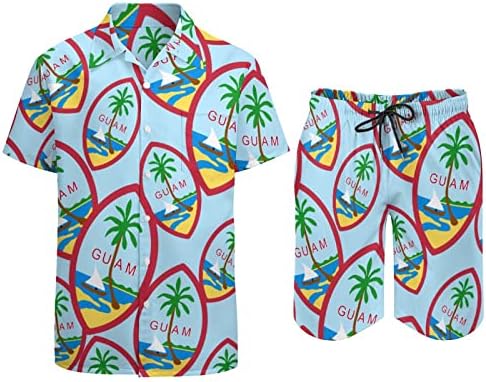 Гуам Национален амблем за машки 2 парчиња облека на плажа на Хавајски копче надолу со кошула со кратки ракави и шорцеви костуми