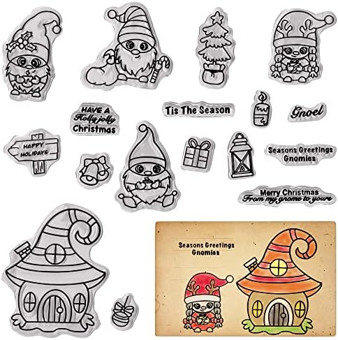 Alibbon Christmas Gnome јасни марки за правење картички и украси за албуми со фотографии, марки за новогодишни елки, поздрави зборови транспарентни силиконски јасни марки за