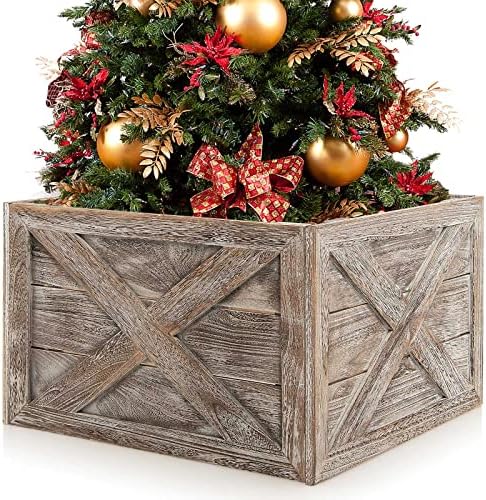 Кутија од јака од дрвена дрво од гоз, цврста дрвена куќа кутија за дрвја, рустикално здолниште за новогодишна елка, гроздобер измешана декорација на дрво, 4 страни