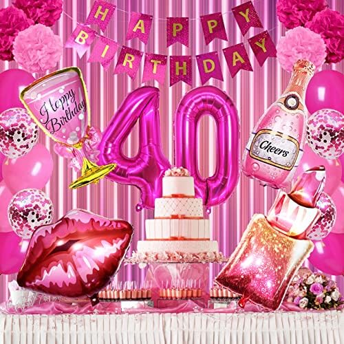 Критичари Топло Розова 40-Ти Роденден Украси За Жени - Среќен Роденден Банер, 40 Број Балон, Хартија Пом Пом, Кармин Шампањ Балони