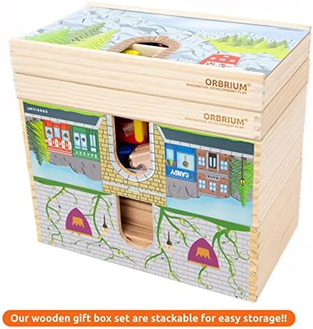 Орбриум Играчки 52 Парчиња Луксузен Дрвен Воз Поставен Со Кутија За Складирање Со Двојна употреба/Тунел Компатибилен Со Томас Дрвена Железница,