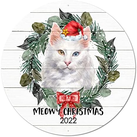 Тркалезен метален знак цветен венец мачка Меух Божиќ Божиќен венец знак метал постер рустикален врата врата знак плакета за затворено