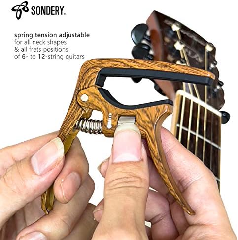 Sondery Capo за акустични и електрични гитари, активирање на затегнување прилагодлива за совршен тон, екстра жици за влечење, тврд