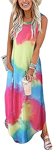 Zdfer Maxi фустан за жени со вратоврска печатени фустани без ракави, летни летни бохо плажа забава долги фустани со џебови