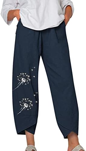 Обични панталони со капри за жени трендовски памучни постелнини исечени панталони цврста боја плус големина плус големина capri pant