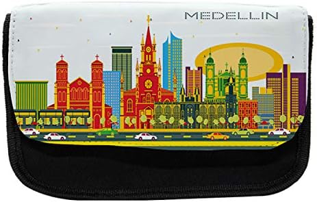 Случај за молив за патувања во Амбесон, графичка слика Меделин Сити, Торба со молив со ткаенини со двоен патент, 8,5 x 5,5, повеќебојни