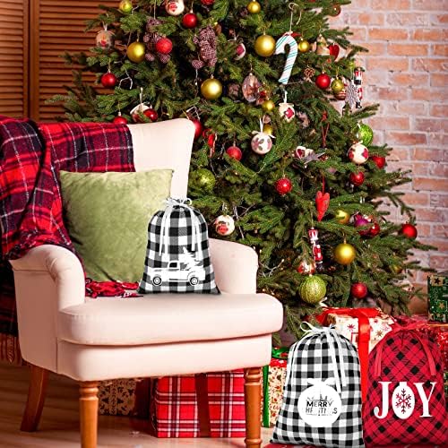 Aneco 6 парчиња Божиќ Бафало карирана торба за влечење памук за божиќни подароци торба за подароци со цртеж, Божиќ биволи карирани торби со 24