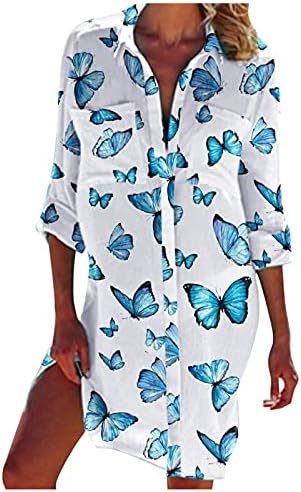 Здфер секси мини фустани за жени копче V-врат Обичен летен половина ракав на плажа забава краток фустан со џебови