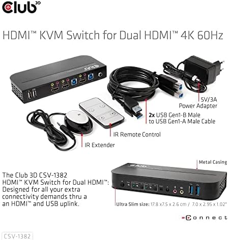 КЛУБ 3D HDMI Kvm Прекинувач За Двојна HDMI 4K 60Hz-2 Компјутер - 1 Локален Корисник-4096 x 2160-6 x USB-3 x HDMI
