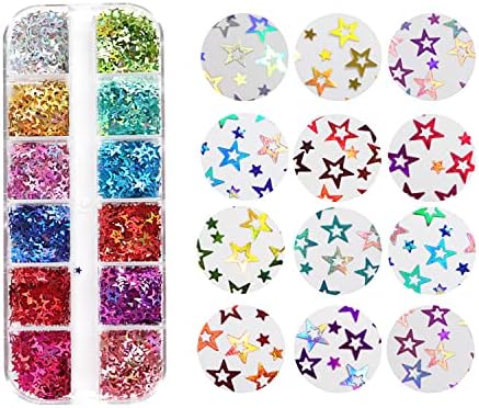 12 бои starвездени нокти уметнички сјајни секвенци, 3Д пет-насочени дизајни за нокти на нокти, холографски ласерски шупливи starвезди на ноктите