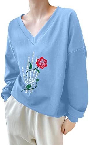 Beuu v врат со долги ракави џемпери за џемпери за Ноќта на вештерките за жени Смешни цветни печати за печатење Обични плус големина на врвови на