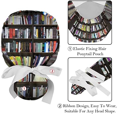 Медицински капи на Лорвис за жени со копчиња долга коса, 2 парчиња прилагодливо работно капаче, библиотека со книги разнобојни