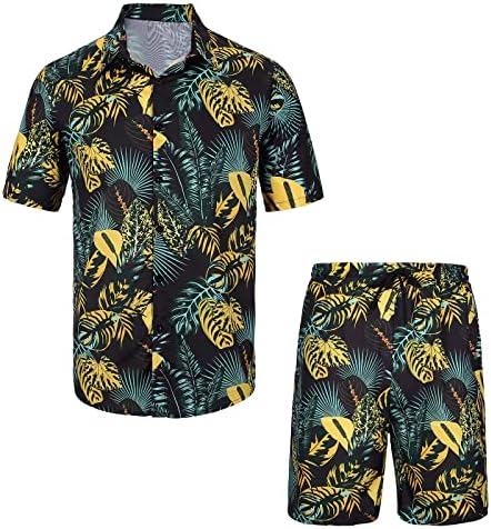 Р Рамблер 1985 Машки хавајски кошули одговара на летен одмор Краток одмор 2 парчиња облеки што одговараат на цветни кошули и шорцеви