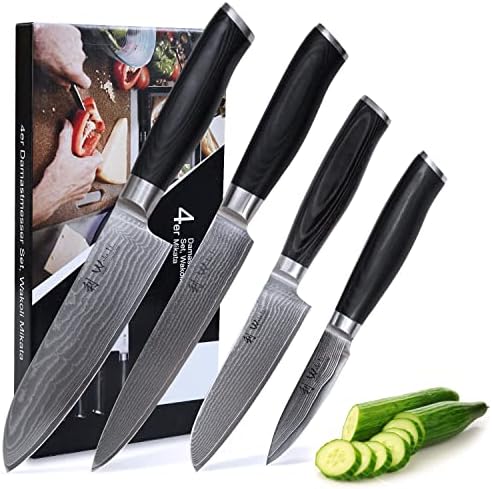 Wakoli Mikata 4-PCS Damascus нож сет изработен од 67 слоја јапонски челик Дамаск со VG10 Core I професионални кујнски ножеви, нож
