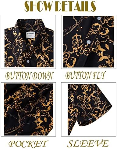 ФОХЕМР Менс луксузна облека постави црни златни кошули и шорцеви 2 парчиња ланец за печатење сет барокно копче надолу со капи со корпи