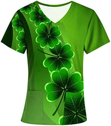 Печатена кошула за печатење на Шамрок за жени од одмор 2 џебна работна облека Кратка ракав Медицинска сестра униформа Св. Патрик Скрип_Топс