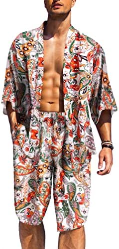 Коофанди Машка 2 парчиња Кимоно облечена јакна постави отворено предниот дел на кардијанскиот јапонски стил харем капри шорцеви