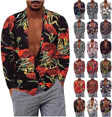 XXBR машки памучни ленени кошули плус големина, копче со долг ракав надолу на хавајски лисја кошула гроздобер бохо -случајни врвови на