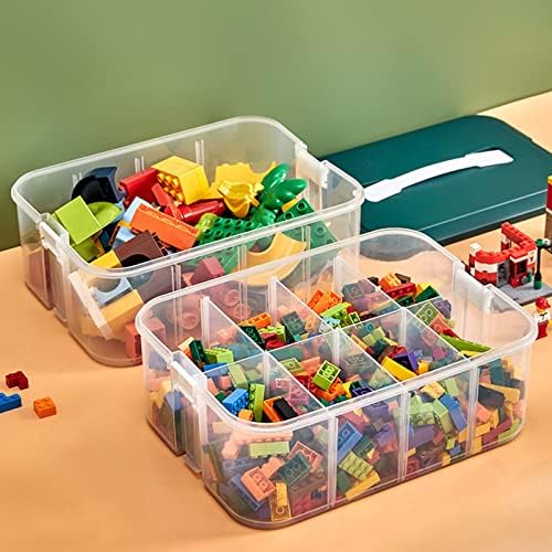 Кутија за складирање на организатор за стабилни играчки, чисти прилагодливи прегради Лего за складирање на лего, преносна кутија w/носење рачка