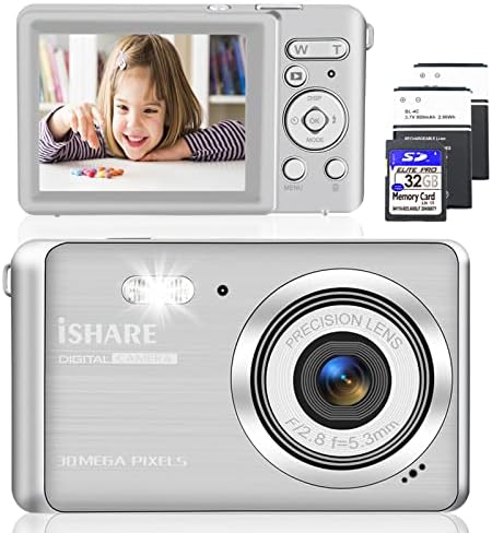 Дигитална камера, детска камера FHD 1080p 30MP точка и фотоапарат за снимање со 32 GB SD картичка, дигитален зум од 18x, 2 батерии, 2,8