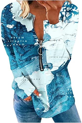 Womenените каузална долга ракав џемпер половина поштенски пуловер врвови мода за бојата светска мапа мапа печати туниника што излегува