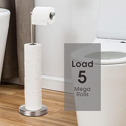 Држач за држачи за тоалети, докажана од 'рѓа и тешка база на не'рѓосувачки челик, цврсто слободно стоење за 5 ролни од тоалетна хартија