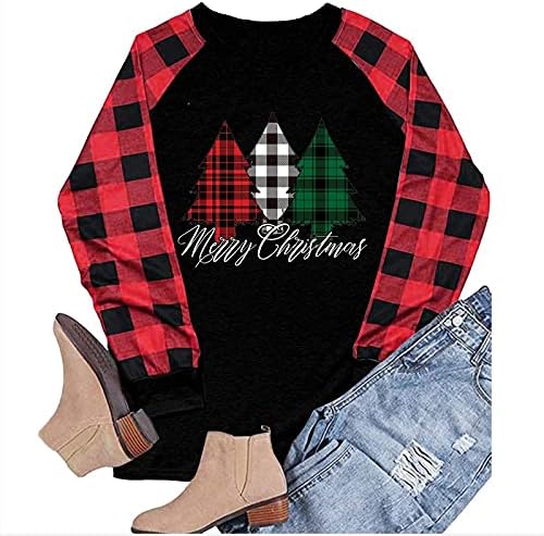 Narhbrg Christmas Buffalo Plaid Tree Spicking Bluze Bluze XMAS Light Sweatshirt for Women Christmas Color Block Block Claid Tops