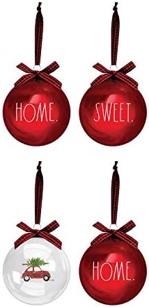 Божиќни украси на Рае Дан - сет од 4 црвени и чисти стаклени топки - Дома сладок дом - 100мм / 3,94 инчи големи висечки украси за одмор