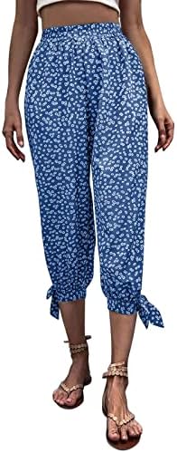 Mmknlrm женски цвет на пржени постелнини капри панталони еластични половини летни исечени панталони со џебови искра панталони жени