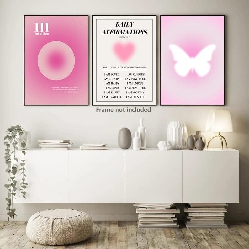 3 парчиња wallидни уметности Позитивни аура постери за соба естетски ангел броеви Дневни афирмации Пеперутка градиент платно отпечатоци