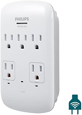 Philips 5-Outlet Extender Smart Surge Protector, Wall Tap, 2 независни Wi-Fi места, 3-понг, контролирани со глас преку Alexa и Google