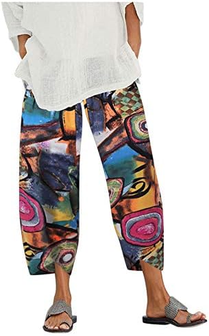 Wybaxz 2023 Популарни панталони со капри за жени со цветни печати палацо панталони со џебови памучни постелнини панталони широка нога