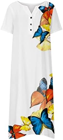 Летни фустани со фрагарни за жени, женско копче за облекување цветно џеб краток ракав против вратот лесен лабав фустан