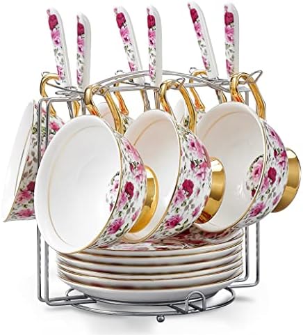 Цвеќиња на jydbrt Европски стил Керамички коски Кина порцелански попладневен чај чаша чаша подарок сет со чинија и лажица и железен штанд