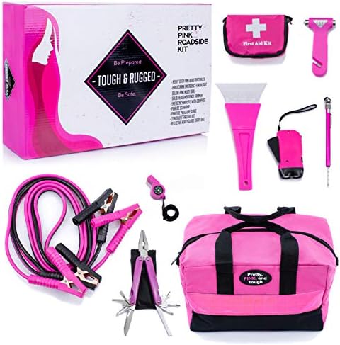 Прилично розово комплет покрај патот - розов комплет за итни случаи за тинејџери и жени - додатоци за автомобили за жени - Трајна торба за носење
