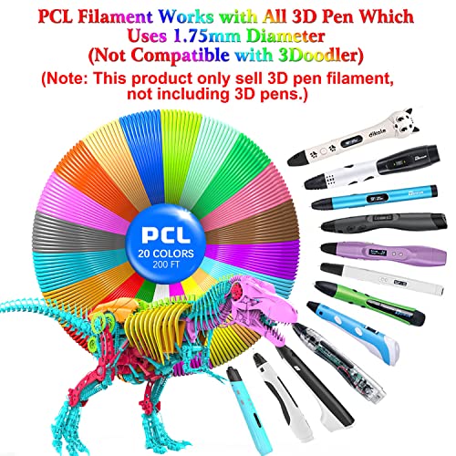 3Д печатење на пенкало PCL филами за полнење 1,75мм, пакет од 20 бои, температура со ниско топење од 70 ℃, дијаметар со голема прецизност,
