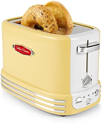 Носталгија ретро широка тостер со 2 парчиња, гроздобер дизајн со лента за трошка, складирање на кабел и 5 нивоа на тост, жолта