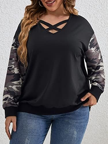 Женски џемпери на Glowpixie плус камо печатење крцкави маички за џемпери на рамо