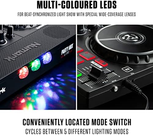 Numark Party Mix Live - DJ Controller со вградени звучници, партиски светла и диџеј миксер, комплетен диџејски сет со миксер и аудио интерфејс