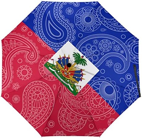 Знаме На Хаити Пејсли Компактен Автоматски Чадор За Преклопување Ветроупорен Чанта За Патување Чанта За Мажи Жени