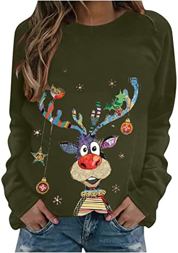 Пимоксв грди Божиќни џемпери за жени кошули со долг ракав паѓаат облечени неонски предводени ирваси графички манжетни џемпери со екипаж