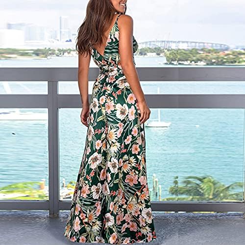 Боемски фустани за женски летен необичен фустан без ракави, длабоко V вратот, цветна печатена забава за плажа Макси Течен Долг фустан
