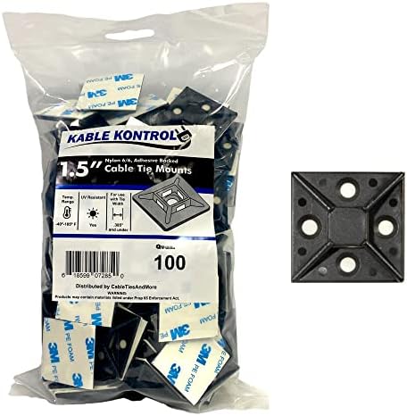 Kable Kontrol Zip Tie Mounts, 1-1/2 ”квадратни, црни, 100 парчиња, лепило поткрепени повеќенаменски UV-отпорни на монтажни плоштади најлонски